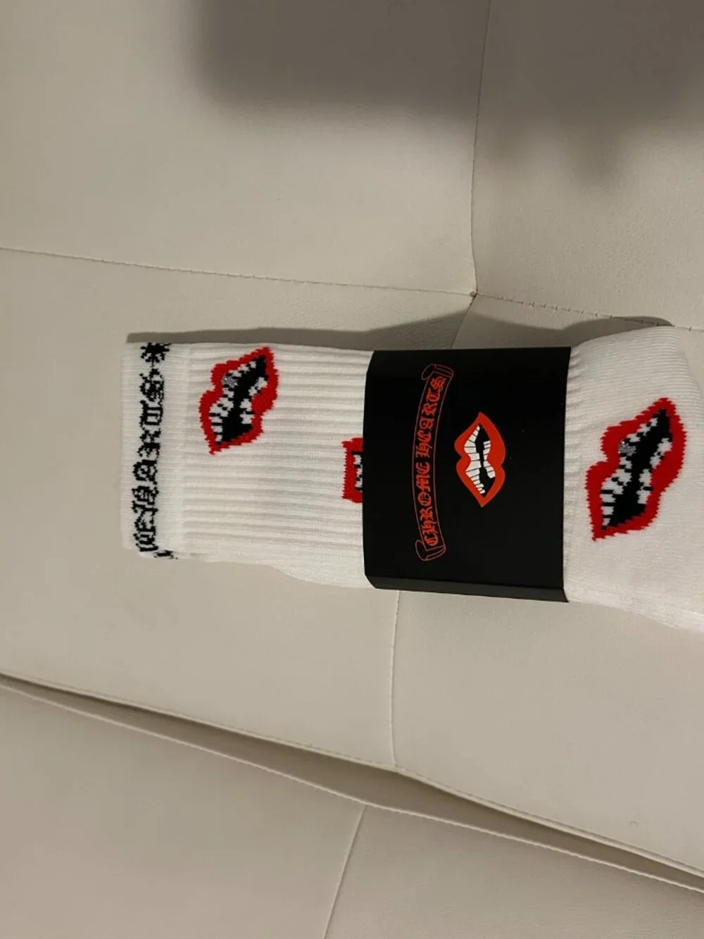 Chrome Hearts White Crew Socks with Red Lip Motif